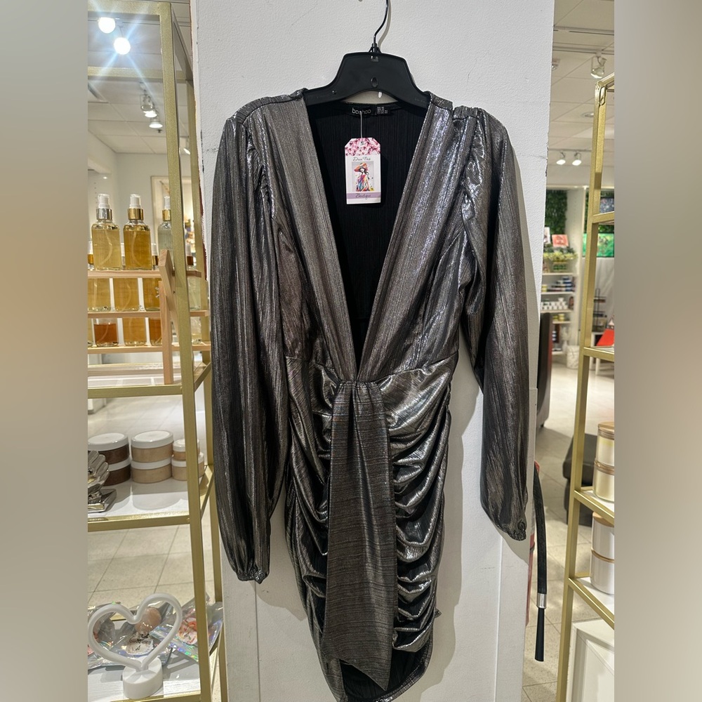 Boohoo Metallic Long Sleeve Dress